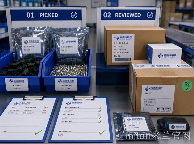 连接器入库时应该核对哪些标签和实物信息？
